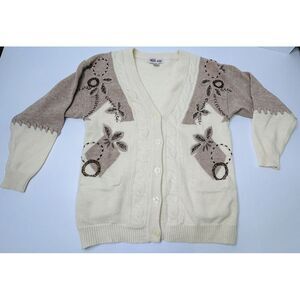 Melda Rossi Womens Cardigan Sweater Embroidered Beaded Large Beige + Brown VTG